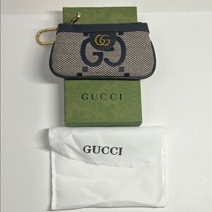 Gucci Navy Blue & Beige GG Canvas Key Card Holder with Gold Hardware dup .